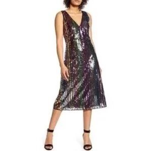 NWT Halogen x Atlantic-Pacific Sequins Black Rainbow Midi Dress Sleeveless 10